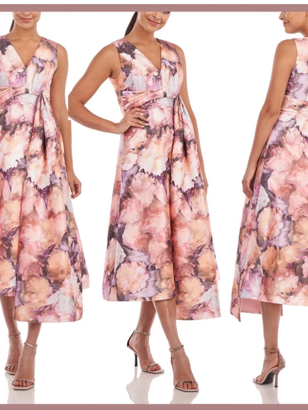 Kay Unger Blush, Lavender & Peach Floral V-Neck Midi Dress NWOT